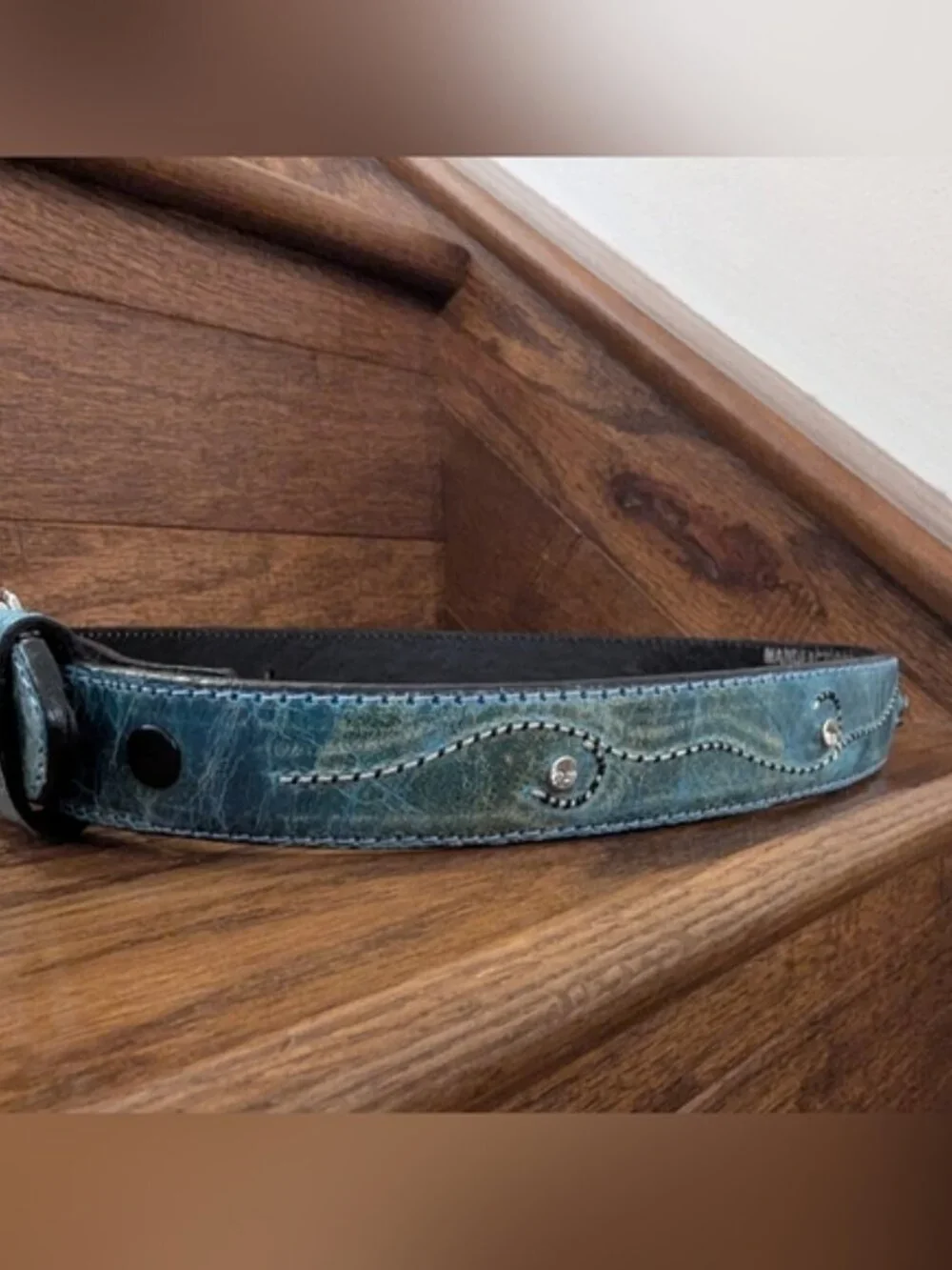 Western Belt Teal Leather, Silver Buckle White/Black Stitching & Gemstones Sz XS